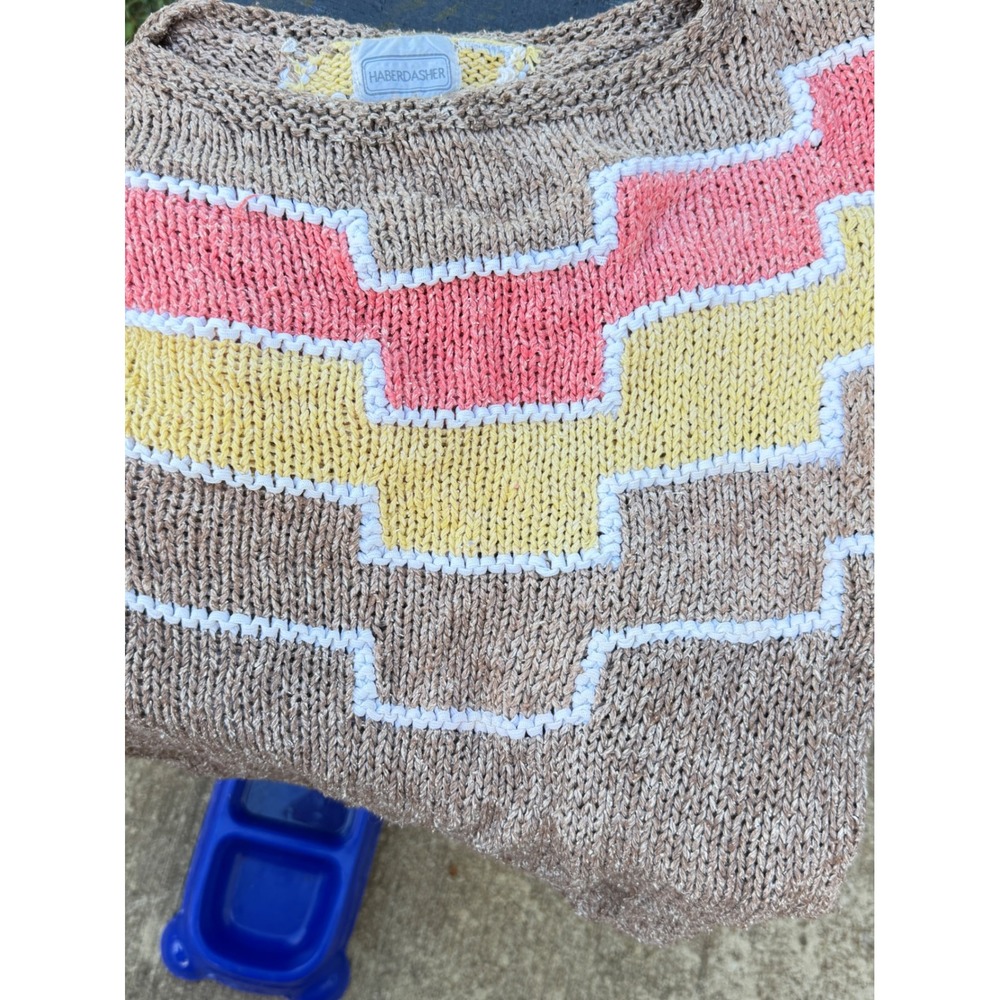 Vintage Haberdasher Geometric Knit Pullover Sweater Tan Pink Yellow Crew Neck